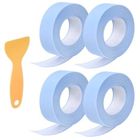 sourcing map 4 Rolls Caulk Tape, Caulking Strip Tape, 0.9 x 10.5Ft PVC Waterproof Self-Adhesive Sealing Tape for Kitchen Bathroom Toilet Sink Floor Corner Edge with Sealing Tool, Blue