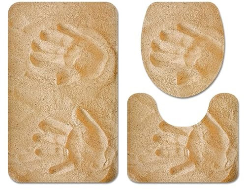 Bad Teppiche Set 3-Teiliges Gelber Handabdruck WC Vorleger Mit Ausschnitt Badematte Saugfähig WC Deckelbezug Badvorleger rutschfest Waschbar Toilettensitzbezug Badgarnitur (50x80cm)