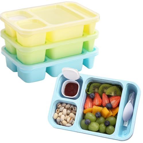 BRYN 3 Pièces 850 ML Bento Lunch Box Micro Ondable, Boite Repas avec Compartiments, Boite à Lunch avec Boîte à Sauce et Couverts pour Travail, Écoles, Camping et Fitness (Jaune/Vert/Bleu)