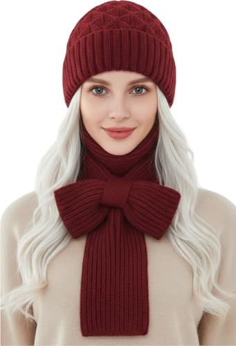 YJWZ Integrierter Gehörschutz Winddichte Mütze Schal,2 in 1 Winddichter Mützenschal Niedlich Mütze Schal Set Damen mit Brosche Winter Warm Strickmütze, Kapuzenschal für Frauen