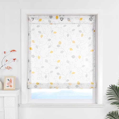 ESLIR Raffrollo ohne Bohren Landhaus Gardinen Küche Transparent Raffgardinen Wohnzimmer Bändchenrollo für Fenster mit Ösen Gelb BxH 140x140cm 1 Stück