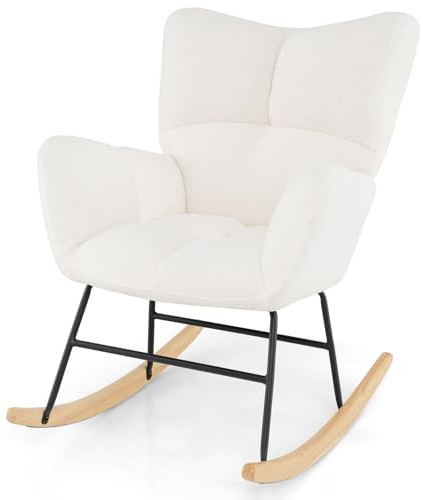 COSTWAY Beige Rocking Chair, Teddy Fleece Fabric Upholstered Rocker Accent Chair with Solid Wood Base, Modern Tufted Wingback Leisure Lounge Relaxing Reading Armchair for Nursery Living Room Bedroom