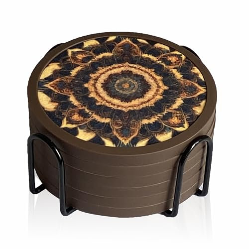Absorbent Coasters for Drinks with Holder - 6packs, Silicone Coaster with Soft Felt Insert (4.3 inch Coasters with 4.5 inch Holder, Dual-Sided Mandala -Themed Patterns)