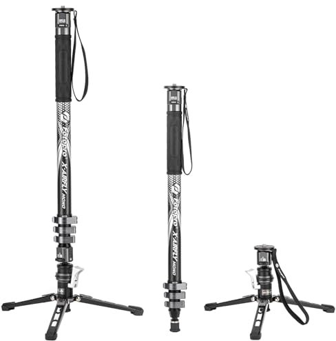 Fotopro Monopode professionnel 3 en 1 en fibre de carbone avec pédale, 185,4 cm, monopode de voyage en fibre de carbone avec pieds, charge maximale de 10 kg pour stabilisateur d'appareil photo reflex