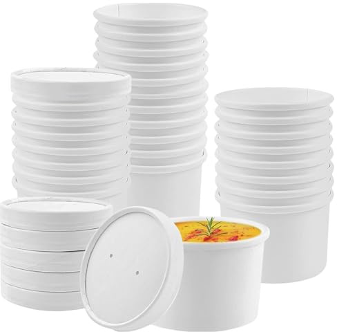 CaterCo Disposable White Soup Containers with Lids (8oz / 240ml - 100 Pack) - White Paper Takeaway Paper Soup Cups, Microwave & Freezer Safe Ice Cream Container, Eco-Friendly (8oz / 240ml - 100 Pack)