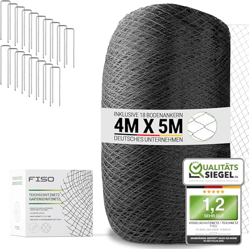 FISO® Teichnetz - 4x5m I Vogelschutznetz engmaschig, robust, witterungs- & UV-beständig I Schwarzes Teich Netz feinmaschig (15x15mm) I Netz zum Schutz von Teich, Balkon, Kirschbaum & Mehr