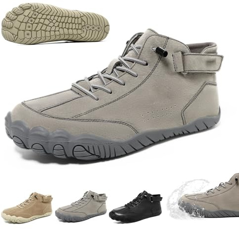 Herr italienska handgjorda höga stövlar med bred tå, barfotaskor, vattentäta Beck-skor, bekväma, halkfria, slip-on, promenader, barfotavandringskängor(Gray+velvet,45 EU)