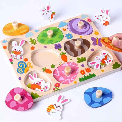DIYDEC 8 Stück Ostereier Montessori Holzspielzeug, Holzpuzzle ab 1 Jahr Osterhase Greifpuzzle für Ostern Mädchen und Jungen Sortierspiel Lernspielzeug Geburstag Geschenk