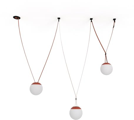 BARCELONA LED Lámpara Colgante Axia 6 – KIT 3 lámparas bola LED opal de policarbonato + cinta textil ladrillo 12m, gran lámpara suspendida, diseño minimalista industrial y arte ligero,luz cálida 2700K