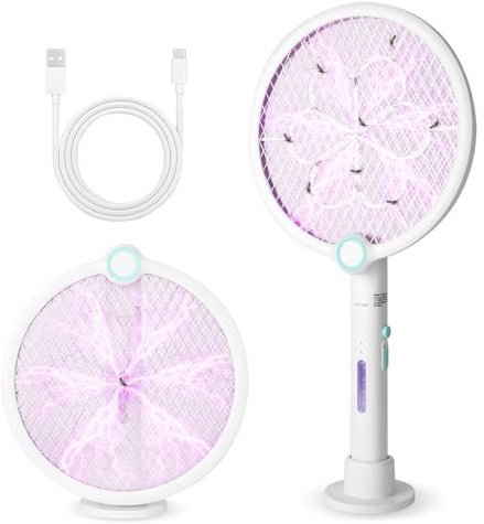 AOOWU Electric Fly Swatter, Foldable Fly Zapper Killer, Electric Mosquito Swatter with UV LED, USB-C Rechargeable Bug Zapper Racket with Base for Home Indoor and Outdoor