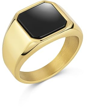 DJADEE Innovative Herren Ring Edelstahl Gold vergoldet Onyx Stein schwarz Herrenring Wasserfest Nickelfrei Hypoallergen Geschenk für Männer Jungs