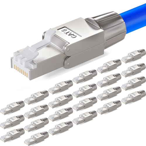 HB-DIGITAL 24 conectores RJ45 CAT 8 para cables LAN rígidos Ethernet – sin herramientas LSA – 40 Gbit/s AWG 22-26 blindado STP 50μ contactos dorados