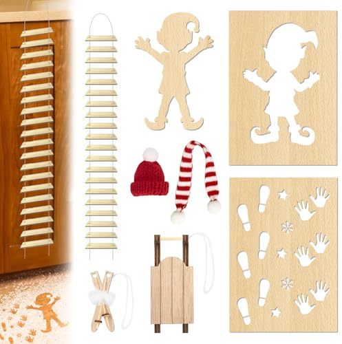 Wichtelschablone Fußabdrücke, Wichtel Schlitten Set, 8 Stück Miniatur Wichtel Zubehör, Wichtel Fußabdrücke Vorlage, Wichtel Fußabdrücke Strickleiter, Holz Fußabdruck Schablonen Für Böden, Wichtel Ski