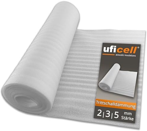 Aislamiento acústico de impactos laminado espuma uficell® ULTRA PE - espesor 5 mm - aislamiento acústico de impactos para suelos laminados y parquet - densidad: 20 kg/m² (100 m² | 4 rollo)