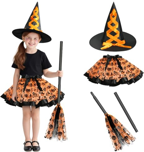 DiULi Disfraz de Bruja Niña, Falda de Brujas de 3 Piezas, Traje de Witch Niños, Falda de Tutú Halloween Set con Sombrero de Bruja Plegable y Escoba para Fiesta, Cumpleaños, Carnaval, Cosplay