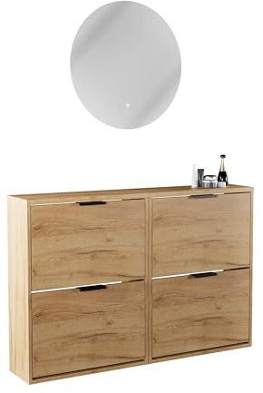 Planetmöbel 2 x Schuhschrank schmal | runder Spiegel mit Beleuchtung 60 cm, (2 Lichtstufen) Schuhkommode mit 2 Klappen Schuhregal mit 4 Ablagen, Garderobe Set, 60