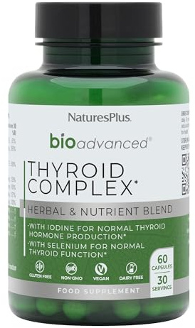NaturesPlus Bio Advanced Thyroid Complex - Vegan Thyroid Supplement, Iodine, Selenium, L Tyrosine, Hops, Vitamin D, E, C, A, Zinc - Vegan, Gluten Free - 60 Capsules