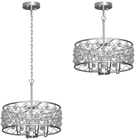 HOMCOM Crystal Chandelier with Adjustable Height, 4-Light Modern Flush Mount Ceiling Light, Hanging Chandelier with E14 Base for Living Room, Bedroom, Dining Room, Bulb Not Included, Silver Tone
