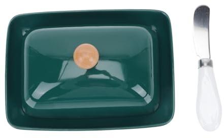 BESPORTBLE Beurrier en Céramique avec Couvercle, Plateau Rectangulaire Vert, Coupe-beurre Intégré, Repas Quotidiens Service de Table