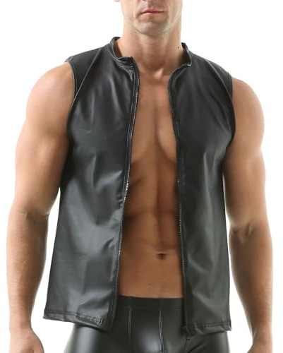 DTODWW Mens Faux Leather Wet Look Shiny Sleeveless Zip-Up Vest T-Shirts Slim Fit Muscle Tops Undershirt-Club & Party Top Black,Red Size XXL