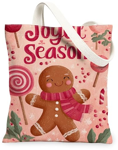 Joyful Season Sac fourre-tout en toile motif pain d'épice réutilisable, léger et lavable, Pêche, 13x15 Inch