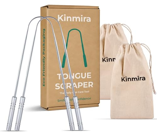 Kinmira Tongue Scraper (Pack of 2) - Stainless Steel Metal U-Shape Tongue Cleaner with Travel Pouch - Designed in London - Eco-Friendly Plastic-Free Packaging - Dental Hygiene & Fresh Breath