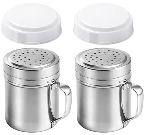 2 Pack Flour Shaker, Icing Sugar Shakers, Salt Shaker with Lid, Salt Dispenser with Handle and Lid Powder in Restaurant Kitchen Coffee House for Baking Cooking Coffee Preparation
