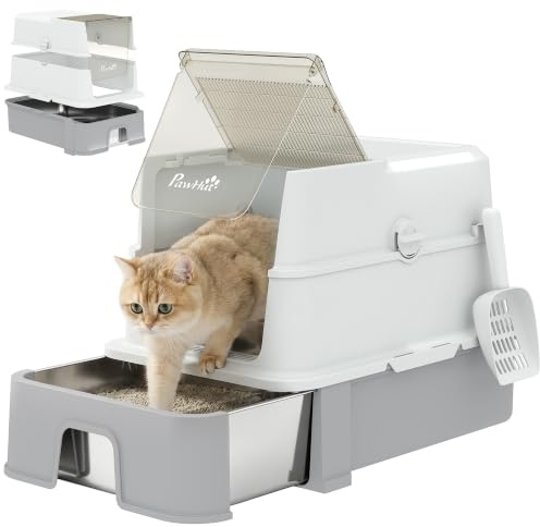 PawHut Lettiera Gatto Chiusa XL in Acciaio Inox con Coperchio 68L Grigio | 3 in 1 Toilette per Gatti, Vassoio Estraibile, Paletta, Pareti Alte, Antiperdita, Antiodore, Facile da Pulire