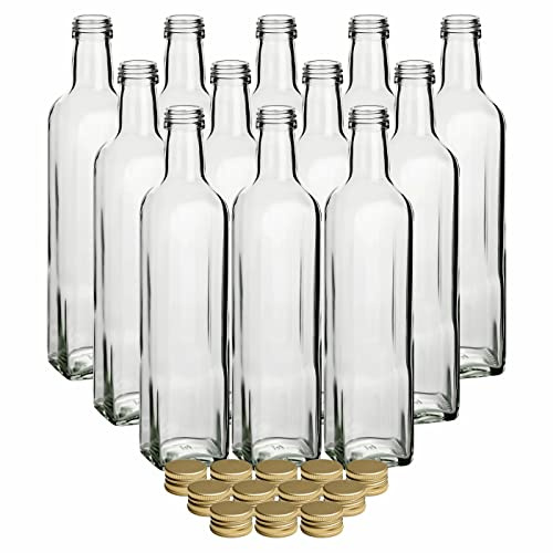 gouveo 12er Set Glasflasche 500 ml Maraska mit Schraubverschluss goldfarben - Leere Flasche aus Glas mit Deckel zum Befüllen - Likörflasche, Ölflasche, Essigflasche (MFET500G)
