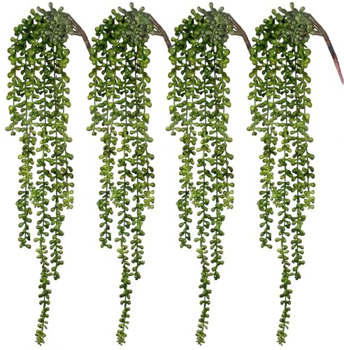 CEWOR 4pcs Fake Hanging Plants, String of Pearls Artificial Hanging Succulents Greenery Wall Backdrop Decor, Artificial Plants Indoor for Home Garden Outdoor Decoration