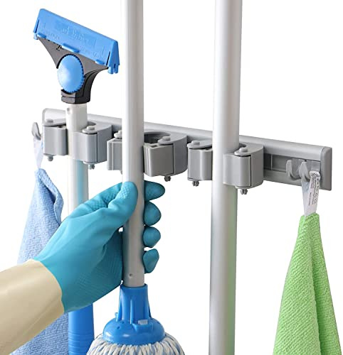 DrDirt Gerätehalter Besenhalter Wandhalterung Besenhalterung Besen Mop Halter mit 3 Halter und 4 Haken an der Wand montiert