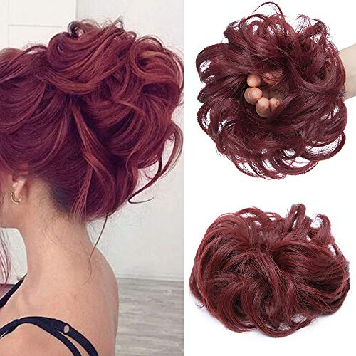 Silk-co Haarteil mit Gummiband, Dutt Gewellte Haaren Weich Dutt Haarteil mit Gummiband 35 g, Gelockt Haarverdickung Hair Extensions Messy Bun Hochsteckfrisuren Weinrot