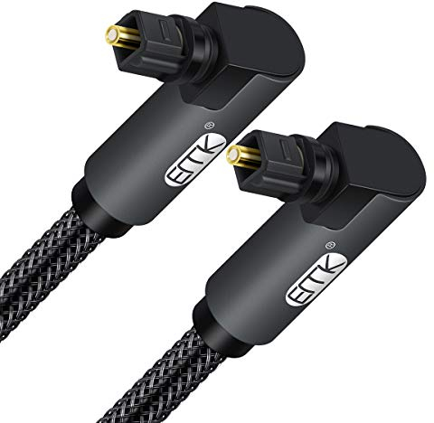 EMK Digital Optisches Kabel Toslink mit 360° & 90° Doppel-Winkelsteckern - 2m Schwarz, Doppelt Geschirmt für Heimkino Soundbar, TV, PS3, PS4