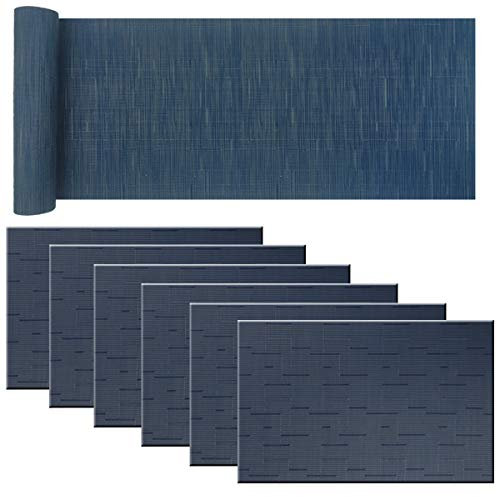 pigchcy Blau Elegante Tischsets und Tischläufer, Vinyl Abwischbar Kunststoff Platzsets für Esstisch (45 x 30 cm + 45 x 180 cm)
