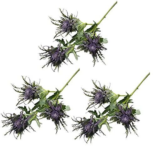 MISNODE Artificial Blue Thistle Flower and Eryngium Foetidum - Sea Holly 3PCS Flowers Bouquet for Home, Wedding, Window Decor (Purple)