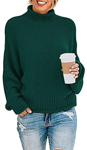 YUNDAI Womens Jumpers Turtleneck Batwing Long Sleeve Loose Oversized Sweater Knitted Pullover Solid Color Chunky Tops for Winter, Large Dark Green