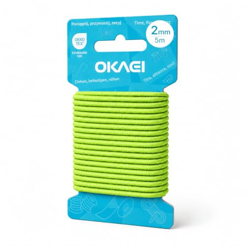 Okaei Gummikordel 2mm x 5m - Hochwertiges Gummiseil in Neon Gelb, Flexibles Gummiband/Hutgummi/Rundgummi - Ideal für DIY Projekte und Handwerk