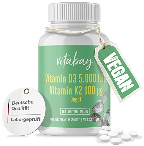 Vitabay Vitamin D3 K2 5000 IE – 180 vegane Tabletten – Vitamin D3 und K2 Kombination – Ohne Zusatzstoffe und vegan – Sorgfältig verarbeitet für zuverlässige Qualität – Laborgeprüft in Deutschland