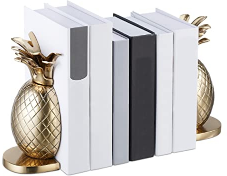 Relaxdays Buchstütze Ananas, 2er Set, aus Metall, HxBxT: 21 x 8 x 13 cm, stilvolle Bücherhalterung für Regale, Gold