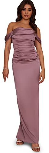 Chi Chi London Bardot Robe Longue de Demoiselle d'honneur en Satin froncé Lilas, 44 Femme