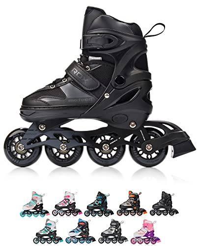 meteor Rox sichere verstellbare Kinder Inline‑Skates – Inliner für Mädchen Jungen – ABEC‑7 Carbonlager PU‑Räder 72 mm 80 A Aluminiumrahmen – Größen S 30‑33 M 34‑37 L 38‑41