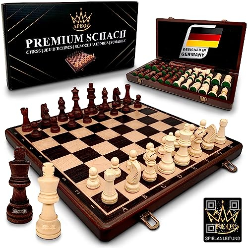 APEQi® Premium Schach - Schachspiel Holz HOCHWERTIG - [38x38cm], Massivholz, 2 EXTRA-Damen, Geschenkidee - Schachbrett Holz hochwertig - klappbares Chess Board mit 34 Schachfiguren, Reiseschach