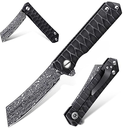 Moontay Klappmesser Taschenmesser aus echt VG10 Damast mit Titanium Coating Griff Rasiermesser Scharf Survival Messer für Wandern Camping schwarz Einhandmesser mit Klipp - Geschenke für Männer…