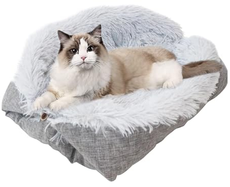 Aicharynic Katzenbett Flauschig, Katzendecke für Katzen, 2 in 1 Katzen Schlafplatz Katzensofa Katzenbett Plüsch Weich für Katze Kleine Hunde, Waschbar Katzenkissen Katze Schlafen Bett (60x50cm)