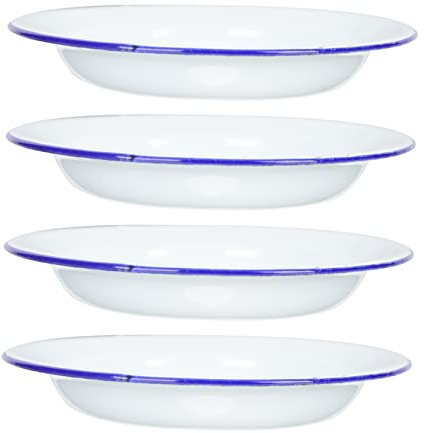 BESTonZON 4 Pièces Plaque Émaillée à Salade, Soupière En Porcelaine, Bols à Soupe En Métal, Assiette Vintage En Céramique Blanche