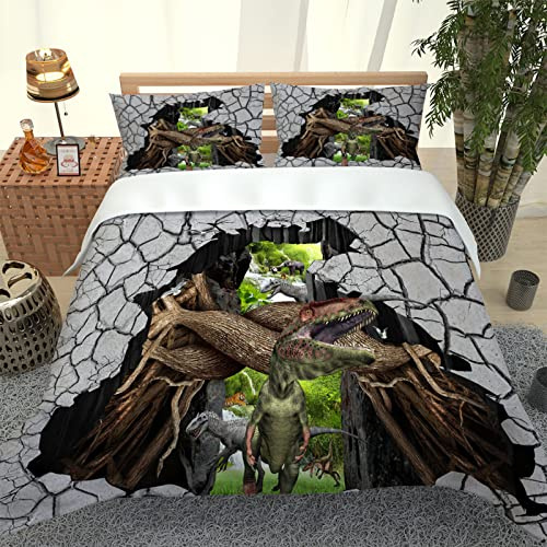 Housse De Couette Enfant Adulte 2 Personnes 220X240Cm 3 Pièces Animal Dinosaure Vert Parure De Lit en Microfibre, Linge De Lit Parure De Couette avec 2 Taies d'oreiller Et Fermeture Éclair