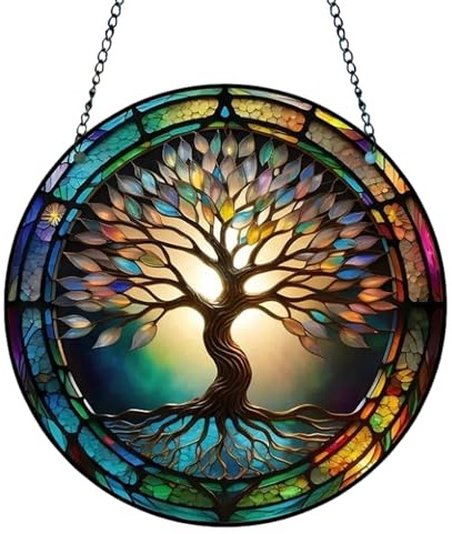 Buntglas-Fensterbehang, Acryl-Sonnenfänger, Hof-Ornament, Buntglas-Sonnenfänger, bunter Lebensbaum, Libelle, Schmetterling, Fensterdekoration, handbemalte Glasscheibe