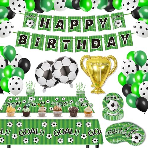 Mooshy 117 Fútbol Decoración Cumpleaños Fútbol Fiesta Decoraciones Set Fútbol Fiesta Accesorios Fútbol Fiesta Vajilla con Banner Mantel Globo Platos Pappteller Vasos Cake Toppers Pajitas para 16