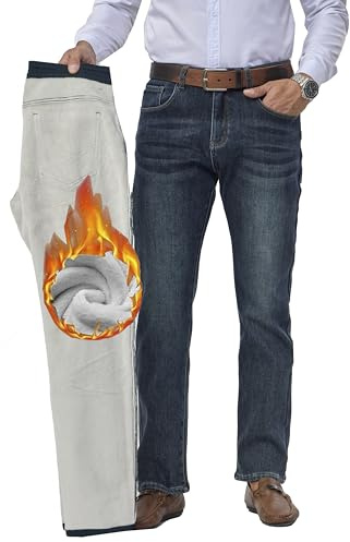 Fakanhui Men's Fleece Lined Jeans Winter Thermal Flannel Lined Jean Business Casual Dress Work Denim Jean Vintage Blue