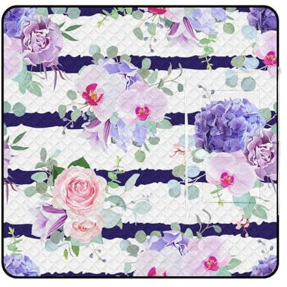 SEEKJOYS Picknickdecke mit rosa Rosen und Streifen, mit Tragegurt, faltbar, wasserdicht, Sandmatte für Outdoor, Camping, Sommer, Strandmatte, 150 x 150 cm